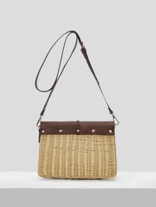 SHEIN VCAY Two Tone Tassel Decor Flap Straw Bag - Brown - View 7