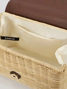 SHEIN VCAY Two Tone Tassel Decor Flap Straw Bag - Brown - View 9