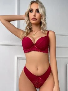 Bộ áo ngực & quần lót Nữ Nơ Bướm Tương phản ren màu trơn - Màu Đỏ Sâu - Xem 4