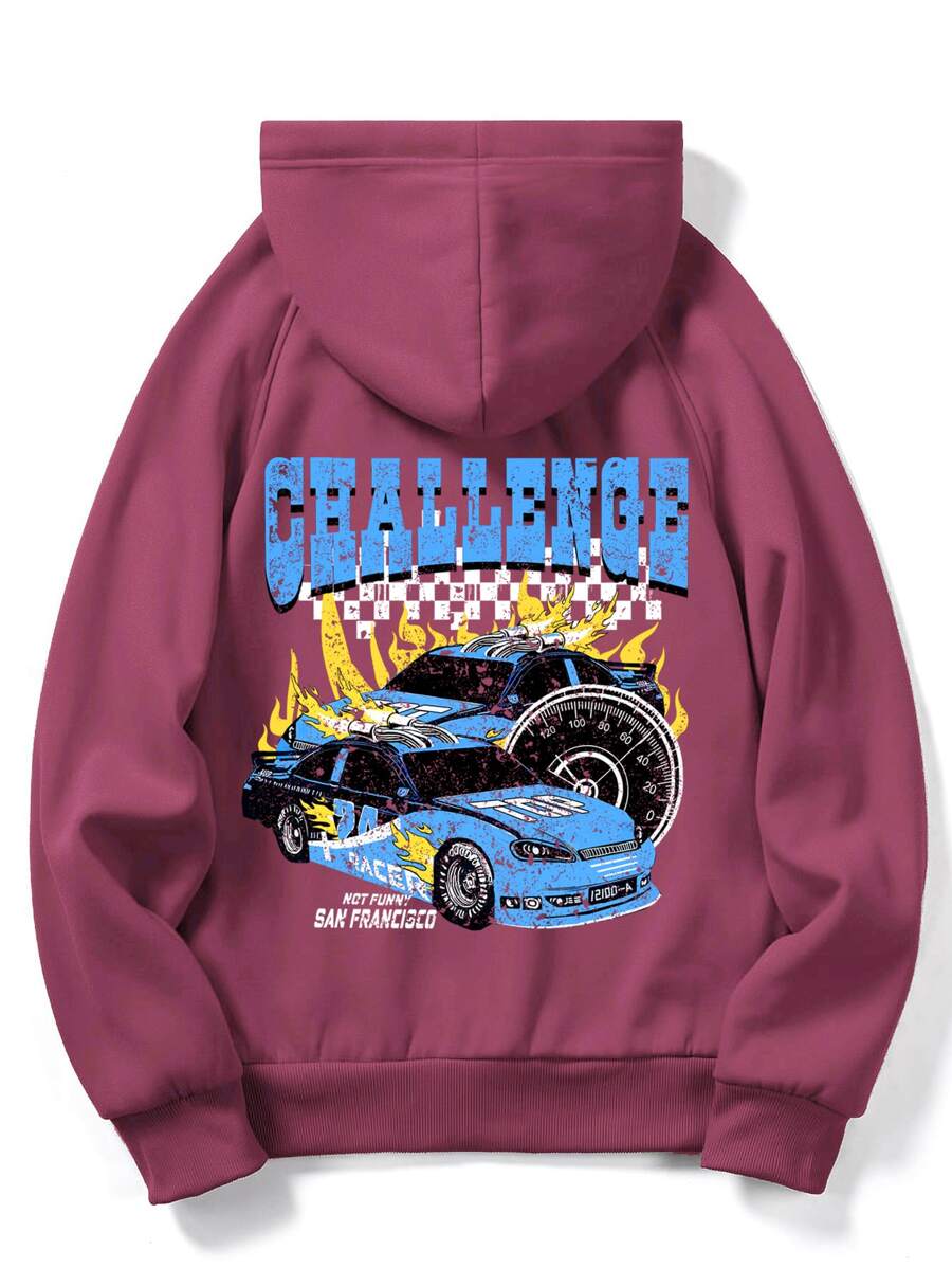 ROMWE MEN Guys Letter & Car Print Raglan Sleeve Drawstring Thermal Hoodie - Red Violet - View 1