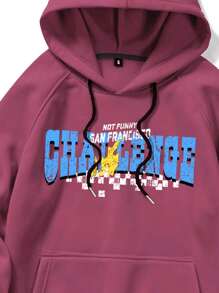 ROMWE MEN Guys Letter & Car Print Raglan Sleeve Drawstring Thermal Hoodie - Red Violet - View 3