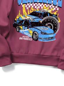 ROMWE MEN Guys Letter & Car Print Raglan Sleeve Drawstring Thermal Hoodie - Red Violet - View 5