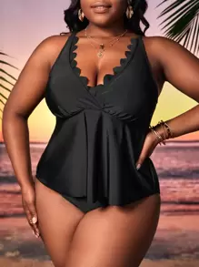 Plus Size Scallop Trim Tankini Summer Beach - Black - View 1