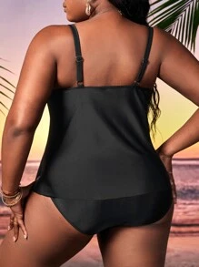 Plus Size Scallop Trim Tankini Summer Beach - Black - View 2