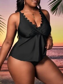 Plus Size Scallop Trim Tankini Summer Beach - Black - View 3