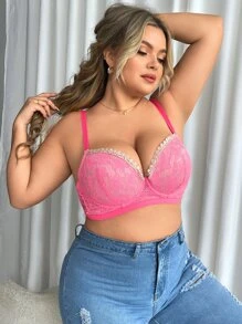 Plus Contrast Trim Lace Underwire Bra - Pink - View 1
