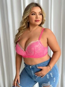 Plus Contrast Trim Lace Underwire Bra - Pink - View 3