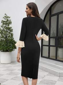 HOMEYEE Tie Neck Flounce Sleeve Bodycon Dress - Black - View 2