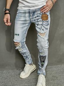 Manfinity LEGND Men Cotton Letter Patched Ripped Skinny Jeans - Light Wash - View 1