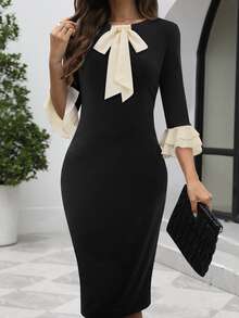 HOMEYEE Tie Neck Flounce Sleeve Bodycon Dress - Black - View 4