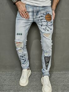 Manfinity LEGND Men Cotton Letter Patched Ripped Skinny Jeans - Light Wash - View 4