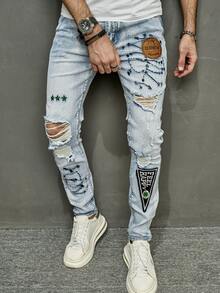 Manfinity LEGND Men Cotton Letter Patched Ripped Skinny Jeans - Light Wash - View 5