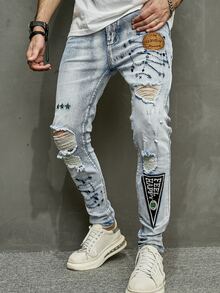 Manfinity LEGND Men Cotton Letter Patched Ripped Skinny Jeans - Light Wash - View 6