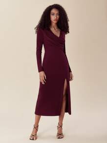 SHEIN Privé Đầm Tách cao Vắt màu trơn Thanh lịch - Màu Tím - Xem 4