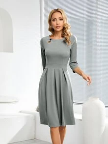 Vestido línea A unicolor con fruncido - Gris - Ver 4