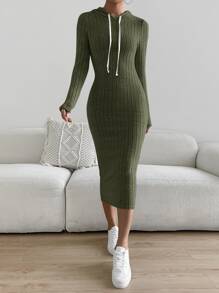 SHEIN Essnce Vestido con capucha tejido de canalé con cordón - Verde militar - Ver 1