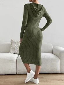 SHEIN Essnce Vestido con capucha tejido de canalé con cordón - Verde militar - Ver 2