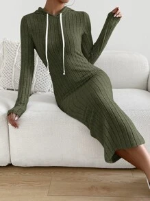 SHEIN Essnce Vestido con capucha tejido de canalé con cordón - Verde militar - Ver 3