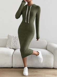 SHEIN Essnce Vestido con capucha tejido de canalé con cordón - Verde militar - Ver 4