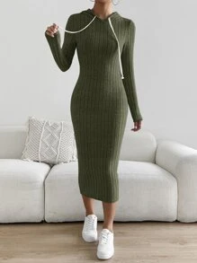SHEIN Essnce Vestido con capucha tejido de canalé con cordón - Verde militar - Ver 5