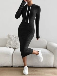 SHEIN Essnce 條紋針織抽繩連帽連衣裙 - 黑色 - 查看 3