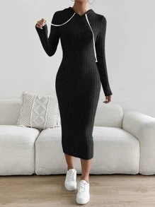 SHEIN Essnce 條紋針織抽繩連帽連衣裙 - 黑色 - 查看 4