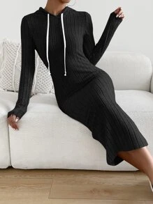 SHEIN Essnce 條紋針織抽繩連帽連衣裙 - 黑色 - 查看 5