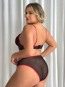 大碼花卉刺繡貝殼邊網紗鋼圈內衣套裝 - 彩色 - 查看 2