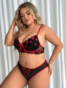 大碼花卉刺繡貝殼邊網紗鋼圈內衣套裝 - 彩色 - 查看 3