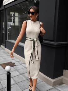 SHEIN Privé Vestido tank tejido de canalé unido en contraste con cinturón - Albaricoque - Ver 4