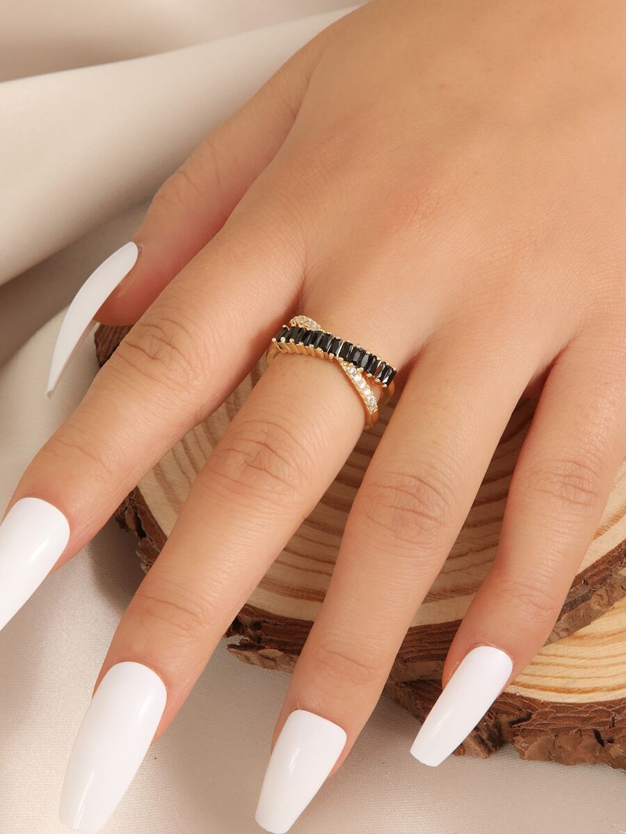 Criss Cross Cubic Zirconia Decor Cuff Ring - Black - View 1