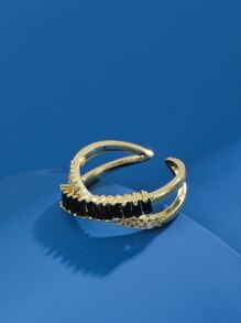Criss Cross Cubic Zirconia Decor Cuff Ring - Black - View 5
