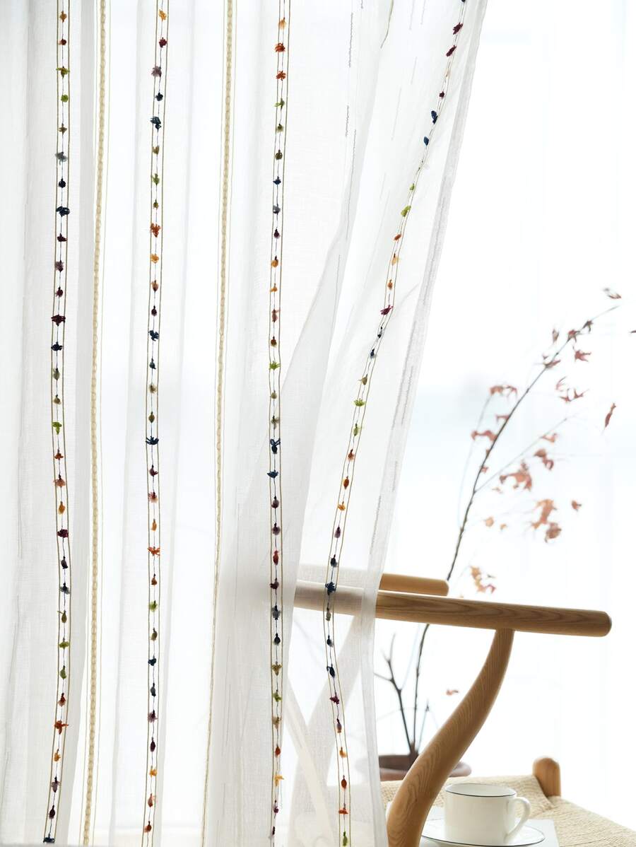 Embroidery Detail Single Panel Sheer Curtain - White - View 1