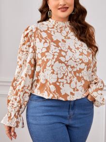 SHEIN Privé Plus Floral Print Flounce Sleeve Frill Neck Blouse - Multicolor - View 6