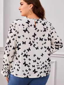 SHEIN Clasi Plus Butterfly Print Flounce Sleeve Blouse - Black and White - View 2