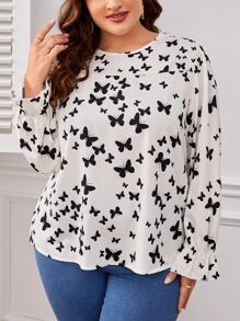 SHEIN Clasi Plus Butterfly Print Flounce Sleeve Blouse - Black and White - View 4