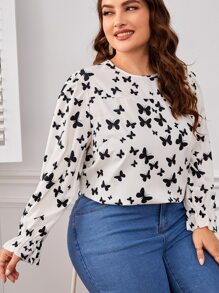 SHEIN Clasi Plus Butterfly Print Flounce Sleeve Blouse - Black and White - View 5