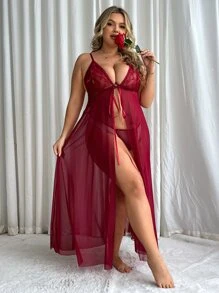 Plus Contrast Lace Mesh Slips With Thong - Burgundy - View 7