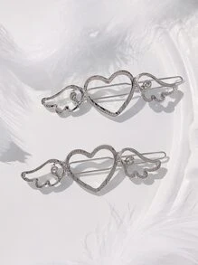 ROMWE Kawaii Heart & Wing Decor Minimalist Hair Clip Street Valentines Claw Clips Hair Claws Hair Barrettes - Silver - View 2