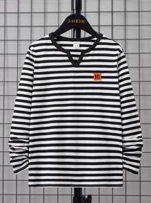 SHEIN Tween Boy Striped Print Letter Patched Detail Notched Neck Tee - Black and White - View 1