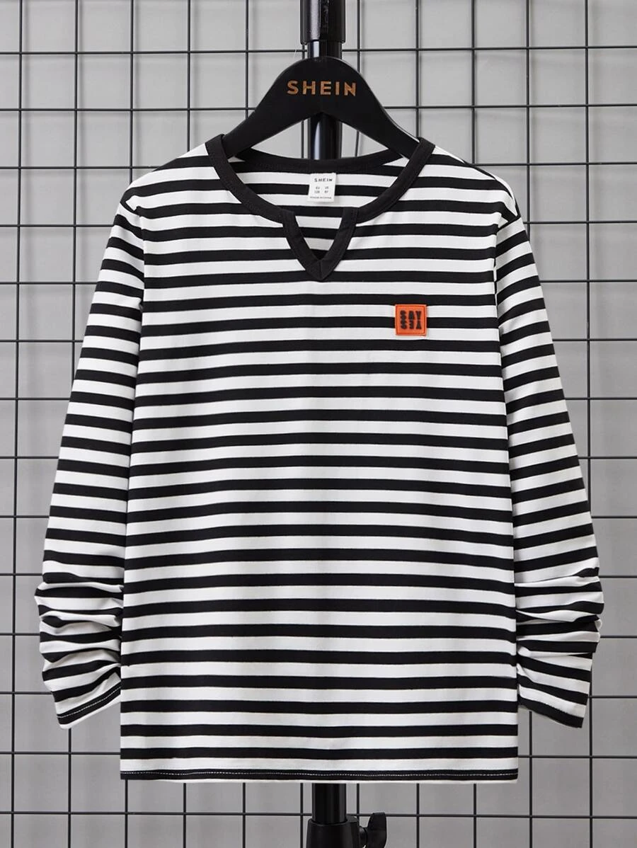 SHEIN Tween Boy Striped Print Letter Patched Detail Notched Neck Tee - Black and White - View 1