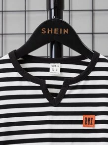 SHEIN Tween Boy Striped Print Letter Patched Detail Notched Neck Tee - Black and White - View 3