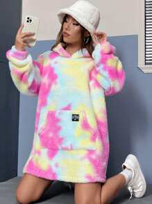 SHEIN Qutie 紮染袋鼠口袋落肩袖毛絨帽衫洋裝