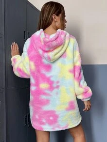 SHEIN Qutie 紮染袋鼠口袋落肩袖毛絨帽衫洋裝