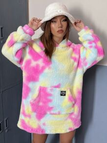 SHEIN Qutie 紮染袋鼠口袋落肩袖毛絨帽衫洋裝