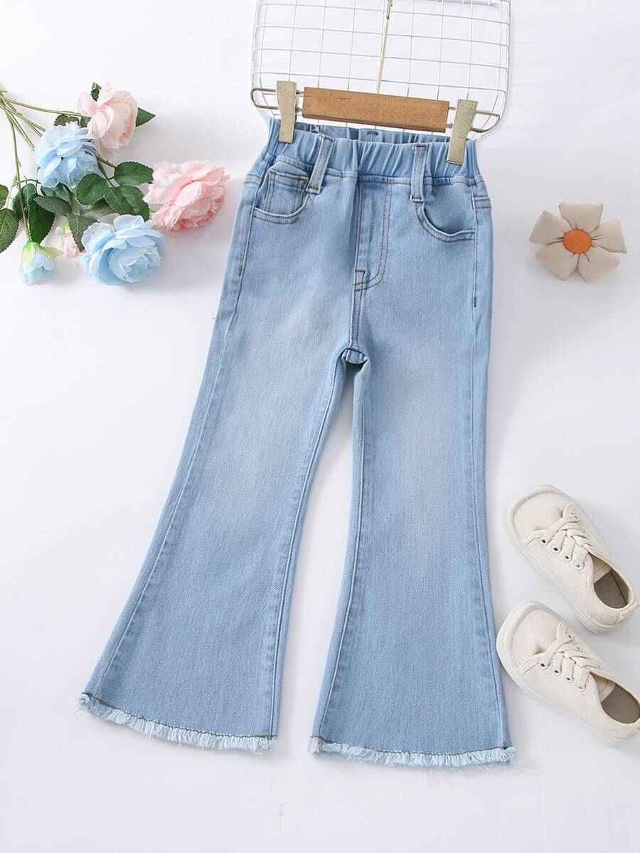 Toddler Girls Quần Jeans Hem thô màu trơn - Rửa nhẹ - Xem 1