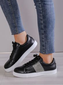 Rhinestone Decor Lace-up Front Skate Shoes - Black - View 1