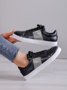 Rhinestone Decor Lace-up Front Skate Shoes - Black - View 2