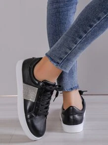 Rhinestone Decor Lace-up Front Skate Shoes - Black - View 5