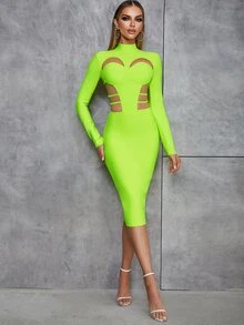 小高領前鏤空後背開衩緊身連衣裙 - 青檸色 - 查看 5